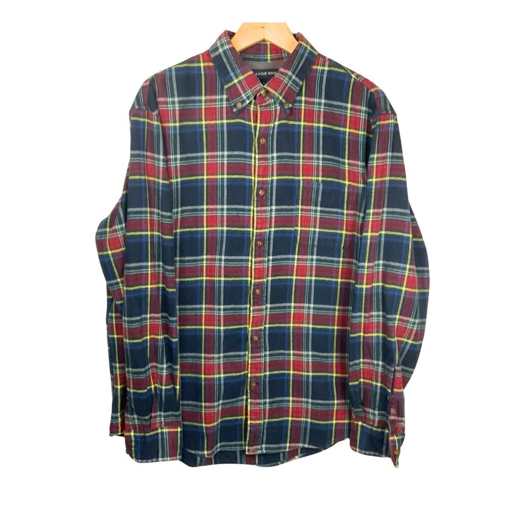 Lands End Mens L Flannel Shirt Blue Red Plaid Outdoors Casual Button Up Dad Camp